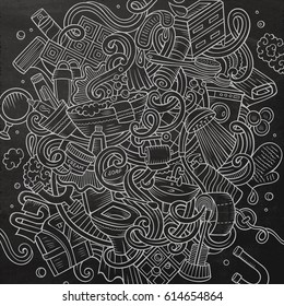 Cartoon cute doodles hand drawn Bathroom illustration. Chalkboard detailed, with lots of objects background. Funny vector artwork