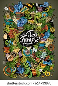 Cartoon cute doodles hand drawn Tea time illustration. Colorful detailed, with lots of objects background. Funny vector artwork