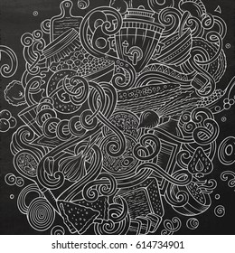 Cartoon cute doodles hand drawn Slavic food illustration. Line art detailed, with lots of objects background. Funny vector artwork. Chalkboard picture with cuisine theme items