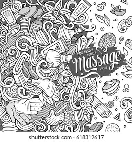 Cartoon cute doodles hand drawn Massage frame design. Line art detailed, with lots of objects background. Funny vector illustration. Vintage border with spa items