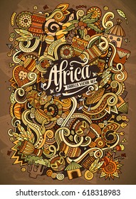Cartoon cute doodles hand drawn Africa illustration. Colorful detailed, with lots of objects background. Funny vector artwork. Bright colors picture with african theme items