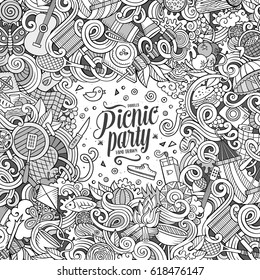 Cartoon cute doodles hand drawn picnic frame design. Line art detailed, with lots of objects background. Funny vector illustration. Sketchy border with nature theme items