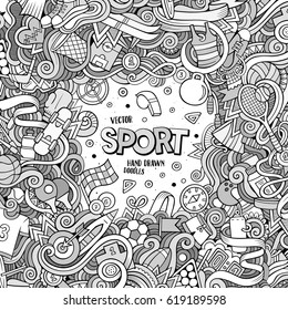 Cartoon cute doodles hand drawn Sport frame design. Line art detailed, with lots of objects background. Funny vector illustration. Vintage border with sports equipment items