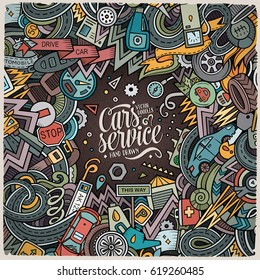 Cartoon cute doodles hand drawn Vehicle frame design. Colorful detailed, with lots of objects background. Funny vector illustration. Bright colors border with auto service items