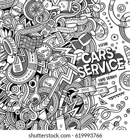 Cartoon cute doodles hand drawn Vehicle frame design. Line art detailed, with lots of objects background. Funny vector illustration. Vintage border with auto service items