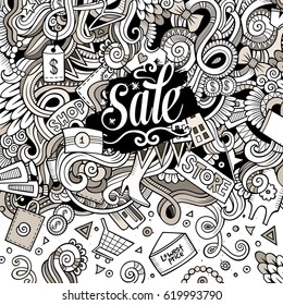 Cartoon cute doodles hand drawn Sale frame design. Line art detailed, with lots of objects background. Funny vector illustration. Vintage border with Shopping theme items