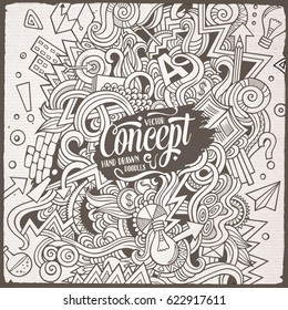 Cartoon cute doodles hand drawn Idea illustration. Line art detailed, with lots of objects background. Funny vector artwork. Vintage picture with Concept theme items