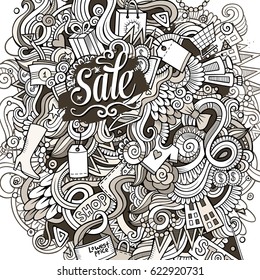Cartoon cute doodles hand drawn Shopping illustration. Line art detailed, with lots of objects background. Funny vector artwork. Contour picture with Sale theme items.