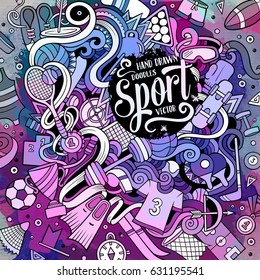 Cartoon cute doodles hand drawn Sport illustration. Watercolor detailed, with lots of objects background. Funny vector artwork.