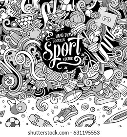 Cartoon cute doodles hand drawn Sport frame design. Line art detailed, with lots of objects background. Funny vector illustration. Vintage border with sports equipment items