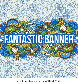 Cartoon cute doodles hand drawn banner, vector illustration