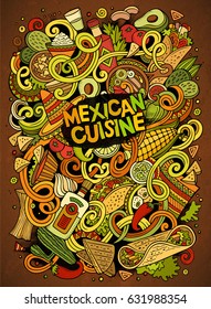 Cartoon cute doodles hand drawn Mexican food illustration. Colorful detailed, with lots of objects background. Funny vector artwork. Bright colors picture with Mexico cuisine theme items