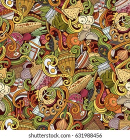Cartoon cute doodles hand drawn Slavic food seamless pattern. Colorful detailed, with lots of objects background. Endless funny cuisine vector illustration
