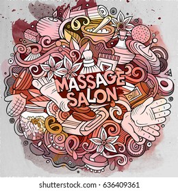 Cartoon cute doodles hand drawn Massage illustration. Watercolor detailed, with lots of objects background. Funny vector artwork. Artistic picture with Spa theme items.