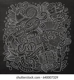 Cartoon cute doodles hand drawn Oktoberfest illustration. Line art detailed, with lots of objects background. Funny vector artwork. Chalkboard picture with Beer fest theme items.