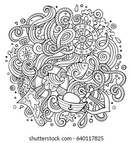 Cartoon cute doodles hand drawn nautical illustration. Line art detailed, with lots of objects background. Funny vector artwork. Sketchy picture with marine theme items