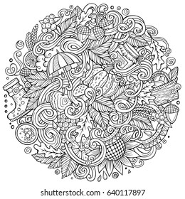 Cartoon cute doodles hand drawn autumn illustration. Line art detailed, with lots of objects background. Funny vector artwork. Sketchy picture with fall season theme items