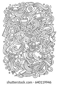 Cartoon cute doodles hand drawn Design illustration. Line art detailed, with lots of objects background. Funny vector artwork. Sketchy picture with Artistic theme