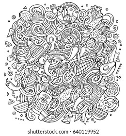 Cartoon cute doodles hand drawn Mexican food illustration. Line art detailed, with lots of objects background. Funny vector artwork. Sketchy picture with Mexico cuisine theme items
