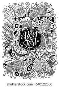 Cartoon cute doodles hand drawn Oktoberfest illustration. Line art detailed, with lots of objects background. Funny vector artwork. Sketched picture with Beer fest theme items.