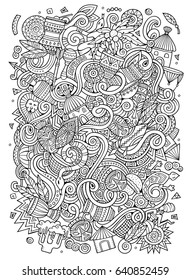 Cartoon cute doodles hand drawn Africa illustration. Line art detailed, with lots of objects background. Funny vector artwork. Contour picture with african theme items