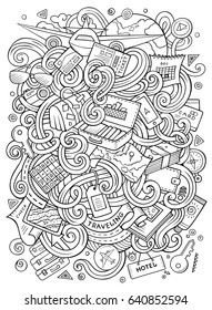 Cartoon cute doodles hand drawn traveling illustration. Line art detailed, with lots of objects background. Funny vector artwork. Sketchy picture with travel planning theme items
