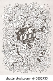 Cartoon cute doodles hand drawn autumn illustration. Line art detailed, with lots of objects background. Funny vector artwork. Sketchy picture with fall season theme items