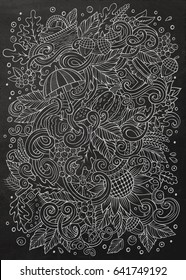 Cartoon cute doodles hand drawn autumn illustration. Line art detailed, with lots of objects background. Funny vector artwork. Chalkboard picture with fall season theme items