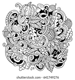 Cartoon cute doodles hand drawn autumn illustration. Line art detailed, with lots of objects background. Funny vector artwork. Sketchy picture with fall season theme items