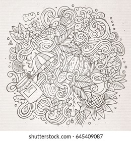 Cartoon cute doodles hand drawn autumn illustration. Line art detailed, with lots of objects background. Funny vector artwork. Sketchy picture with fall season theme items