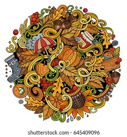 Cartoon cute doodles hand drawn autumn illustration. Colorful detailed, with lots of objects background. Funny vector artwork. Bright colors picture with fall season theme items