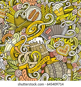 Cartoon cute doodles hand drawn Octoberfest seamless pattern. Colorful detailed, with lots of objects background. Endless funny vector illustration. Bright colors backdrop with beer symbols and items