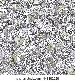 Cartoon cute doodles hand drawn Octoberfest seamless pattern. Line art detailed, with lots of objects background. Endless funny vector illustration. Contour backdrop with beer symbols and items