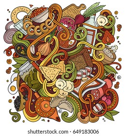 Cartoon cute doodles hand drawn Slavic food illustration. Colorful detailed, with lots of objects background. Funny vector artwork. Bright colors picture with cuisine theme items