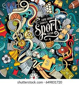 Cartoon cute doodles hand drawn Sport illustration. Colorful detailed, with lots of objects background. Funny vector artwork.