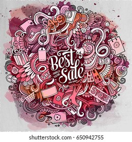 Cartoon cute doodles hand drawn Shopping illustration.Watercolor detailed, with lots of objects background. Funny vector artwork. Artistic picture with Sale theme items.