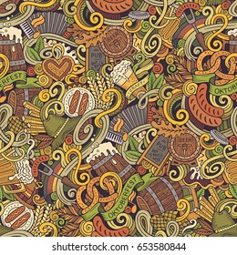 Cartoon cute doodles hand drawn Octoberfest seamless pattern. Colorful detailed, with lots of objects background. Endless funny vector illustration. Bright colors backdrop with beer symbols and items
