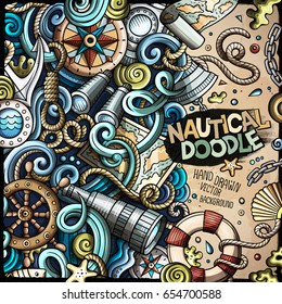 Cartoon cute doodles hand drawn nautical frame design. Colorful detailed, with lots of objects background. Funny vector illustration. Bright colors border with maritime theme items