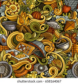 Cartoon cute doodles hand drawn picnic seamless pattern. Colorful detailed, with lots of objects background. Endless funny vector illustration. Bright colors bbq backdrop.
