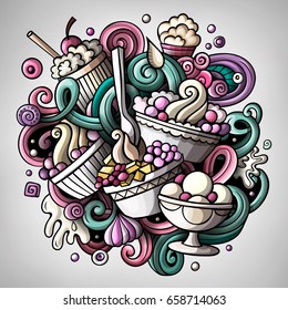 Cartoon cute doodles hand drawn Ice cream illustration. Colorful detailed, with lots of objects background. All items are separate. Funny vector artwork