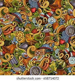 Cartoon cute doodles hand drawn picnic seamless pattern. Colorful detailed, with lots of objects background. Endless funny vector illustration. Bright colors bbq backdrop.