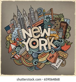 Cartoon cute doodles hand drawn New York inscription. Colorful illustration with american theme items. Line art detailed, with lots of objects background. Funny vector artwork