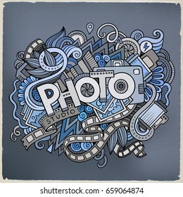 Cartoon cute doodles hand drawn Photo inscription. Colorful illustration with photography theme items. Line art detailed, with lots of objects background. Funny vector artwork