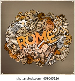 Cartoon cute doodles hand drawn Rome inscription. Colorful illustration with italian theme items. Line art detailed, with lots of objects background. Funny vector artwork