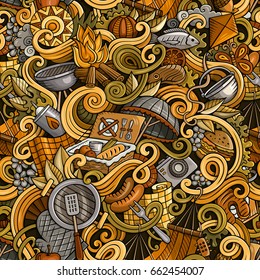 Cartoon cute doodles hand drawn picnic seamless pattern. Colorful detailed, with lots of objects background. Endless funny vector illustration. Bright colors bbq backdrop.