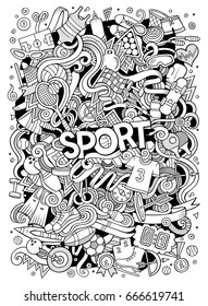 Cartoon cute doodles hand drawn Sport illustration. Line art detailed, with lots of objects background. Funny vector artwork.