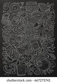 Cartoon cute doodles hand drawn Slavic food illustration. Line art detailed, with lots of objects background. Funny vector artwork. Chalkboard picture with cuisine theme items