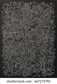 Cartoon cute doodles hand drawn India illustration. Line art detailed, with lots of objects background. Funny vector artwork. Chalkboard picture with indian culture theme items