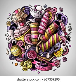 Cartoon cute doodles hand drawn Ice cream illustration. Colorful detailed, with lots of objects background. All items are separate. Funny vector artwork