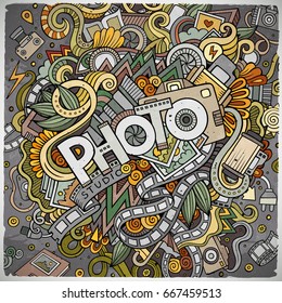 Cartoon cute doodles hand drawn Photo inscription. Colorful illustration with photographer theme items. Line art detailed, with lots of objects background. Funny vector artwork